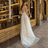 Lace Wedding Dresses 2023 Women's Deep V Neck Beach Wedding Dresses Boho Floor Length Glamorous Plus Size Bridal Dresses