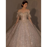 Off The Shoulder Wedding Dress Big Butterfly 2023 New Bride Dress Beading Shiny Big Ball Gown Long Train Vestido De Noiva