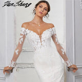 Off The Shoulder Wedding Dresses V-Neck Tulle Lace Appliques Mermaid Bride Gowns Button Zipper Train Vestidos De Noiva