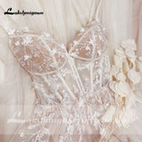 Boho Wedding Dress Lace Applqiues Floral Beading Backless Spaghetti Straps Bridal Gowns estido de noiva praiano