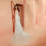 Sexy Lace V Neck Mermaid Wedding Dresses 2023 Spaghetti Straps Sleeveless Bridal Dresses Backless Vestidos De Novia