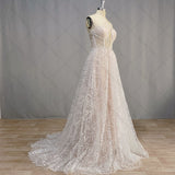 Sparkly Flowers Strapless Tulle Wedding Dress 2023 Princess Sweetheart Lace A Line Bridal Gown Lace Appliques