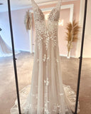 Champagne Boho Wedding Dress 2023 Lace Appliques Tulle Long Bridal Beach Wedding Gowns vestido de casamento princesa