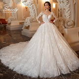Wedding Dress Embroidered Lace On Net With Ball Gown O-neck Full Sleeve bridal Gowns Button Appliques Vestido De Novia
