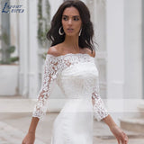 NICEB Sexy Boat Neck Mermaid Wedding Dress 3/4 Lace Sleeves robe de mariée Off Shoulder Appliques Buttons Bridal Gown