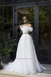 Strapless A-Line Satin Wedding Dresses Off the Shoulder Short Sleeves Sweep Train Bridal Gowns Vestido De Novia