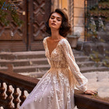 NICEB Boho Vintage Wedding Dress Lantern Sleeves Lace Backless Bride Gown Illusion O-Neck Tulle Vestido De Fiesta De Boda 925