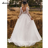 Chiffon V Neck Long Sleeve Bridal Dress Sweep Train Lace Open Back Bohemian Boho Beach Wedding Dress Wedding Gown