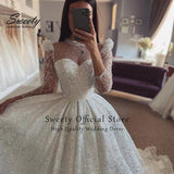 Wedding Dress Embroidered Lace On Net With Ball Gown Train Elegant Boat Neck Full Sleeve bridal Gowns Button Robes De Ma