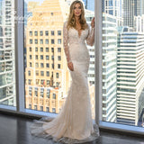 Detachable 2 In 1 Wedding Dress Pearls Mermaid Embroidered Lace On Net With V-neck Full Sleeve Button Gowns Robe De Marie