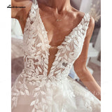 V Neck Lace Appliques Wedding Dresses Champagne Bridal Gowns A Line Wedding Gown estido de noiva praiano