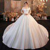 Luxury Satin Wedding Dress With Court Train Elegant Boat Neck Princess Wedding Gown plus size custom made Vestido De Noiva