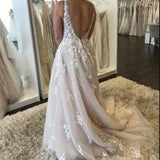Line Backless Wedding Dresses V-neck Custom-made Court Train Appliques Sleeveless Robe De Mariée Engagement Plus Size