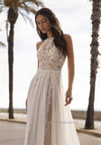 O-Neck Boho Lace Chiffon Sleeveless Beach Wedding Dress Backless Sweep Train Floor Length Bridal Gown