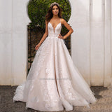 V-Neck A-Line Wedding Dresses Spaghetti Straps Lace Appliques Princess Floor Length Bridal Gowns