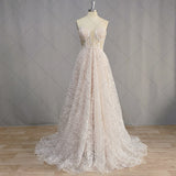 Sparkly Flowers Strapless Tulle Wedding Dress 2023 Princess Sweetheart Lace A Line Bridal Gown Lace Appliques
