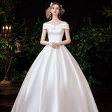 New Satin Wedding Dress Simple Boat Neck Short Sleeve Ball Gown Plus Size Custom Made Bridal Dress Vestido De Noiva