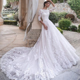 Wedding Dress Embroidered Lace On Net With A-line Ball Gown O-neck Full Sleeve Bride Dress Back Lace Up Robe De Mariee