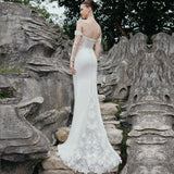 Simple Off The Shoulder Mermaid Wedding Dress For Bride 2023 Lace Backless Detachable Sleeves Floral Print Bridal Gown