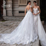 Detachable 2 In 1 Wedding Dress Embroidered Lace On Net With Train V-neck Sleeveless Vintage Bride Gowns Vestido De Novia