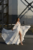 V-Neck Beach Wedding Dress Lace Appliqued Hight Split Long Sleeves Satin Chiffon Bridal Gown Robe De Mariee