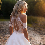 Satin Bohemian Wedding Dress For Brides 2023 Off The Shoulder Lace Halter Boho Bridal Gown With Detachable Sleeves