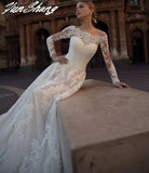 Long Sleeve Wedding Dress A-Line 2023 Boat Neck Lace Appliques Sweep Train Chiffon Long Civil Bridal Gown With Button
