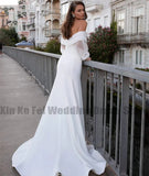 Satin Mermaid Wedding Dresses Long Fuff Sleeve Women's Sexy Lace Beach Boho Bride Gowns Off The Shoulder Vestidos De Novia