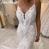 Spaghetti Straps Wedding Dresses V-Neck Mermaid Sleeveless Backless Bride Gown Lace Appliques Zipper Vestidos De Noiva