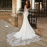 Mermaid V-Neck Wedding Dress Off The Shoulder Lace Appliques Sexy Spandex Bride Gown Zipper Button Vestido De novia