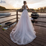 V-Neck Wedding Dress Lace Appliques Sleeveless Tulle Sweep Train Robe De Mariée Bohème Back Buttons Bridal Gown Bride