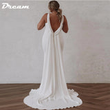Deep V Neck Crepe Detachable Train Mermaid Wedding Dress 2023 Plain Sleeveless Open Back Simple Bridal Gowns Elegant