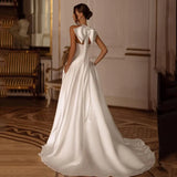 White A-Line Wedding Dresses Halter Neck High Split Backless Bridal Gowns Boho Beach Sweep Train Wedding Gowns Custom Size