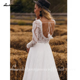 Chiffon V Neck Long Sleeve Bridal Dress Sweep Train Lace Open Back Bohemian Boho Beach Wedding Dress Wedding Gown
