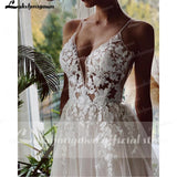 Vintage Beach Wedding Dresses Spaghetti Tulle Long Lace Beach Bridal Gown A-Line Court Train vestido de noiva Lakshmigown