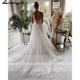 Vintage Beach Wedding Dresses Spaghetti Tulle Long Lace Beach Bridal Gown A-Line Court Train vestido de noiva Lakshmigown
