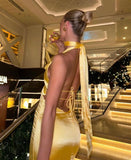 Classy Sheath V Neck Yellow Satin Prom Dresses Formal Summer Wedding Guest Dresses Wedding Guest Outfit HZ1214