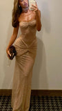 Classy Sheath Sweetheart Sequin Champagne Long Prom Dresses Formal Summer Wedding Guest Dresses Wedding Guest Outfit HZ1214