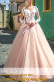Blush Pink Wedding Dresses Long Sleeves A Line Vestido De Noiva 2023 Scoop Lace Appliques Bridal Married Wedding Gowns