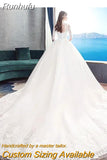 Embroidery Wedding Dress With Big Train 2023 High Neck Half Sleeve Wedding Gown Vintage Bridal Gown
