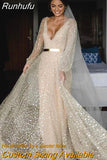 Glitter Two Pieces Wedding Dresses With Deatachable Coat Gold Sash 2023 Puff Long Sleeves V Neck Bride Gowns