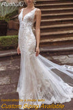 V-Neck Wedding Dress Lace Appliques Backless Sexy Mermaid Bride Gown Tulle Zipper Button Court Train Vestidos De Noiva