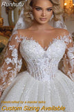 Retro Shiny Wedding Dress A-Line Sequin Lace Applique Illusion Neck Long Sleeve Sexy V-Neck Women's Bridal Dress Vestidos