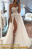 Wedding Dresses Women's Sweetheart A-line Lace Decal Tulle Side High Split Princess Bridal Gowns Sleeveless Robe Vestid 925