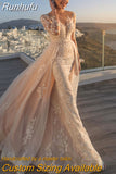 Detachable 2 In 1 Wedding Dress Embroidered Lace On Net With Train O-neck Fullsleeve Vintage Bride Gowns Vestido De Novia