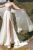 Chiffon Wedding Dresses With Cape 2023 A-Line Side Slit O-Neck Lace Appliques Sexy Open Back Sweep Train Bridal Gown