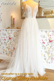 V Neck Lace Spaghetti Straps A Line Wedding Dress Appliques Boho 2023 Summer Robe De Marie Wedding Gowns for Women Elegant