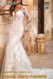 Wedding Dress Silky Organza Lace With Mermaid Dresses Nude O-neck Full Sleeve Elegant Wedding Gowns Button Robes De Marié