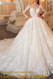 Wedding Dress Embroidered Lace On Net With Ball Gown O-neck Full Sleeve bridal Gowns Button Appliques Vestido De Novia