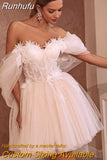 Princess Short Wedding Dresses Flower Sweetheart Off The Shoulder Mini Short Tulle Fariy Bride Gowns Robe De Mariee Custom